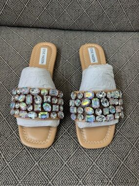 Steve Madden White Slide Sandals with Iridescent Jewel Straps